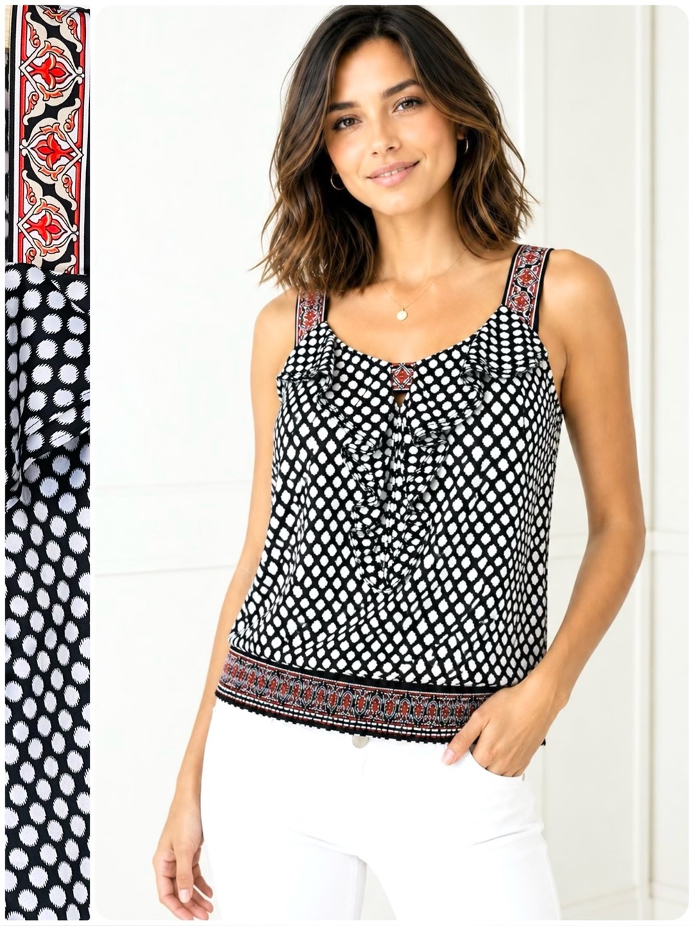 White House Black Market Satin Blouse Cascading Ruffle Polka Dots Smocked